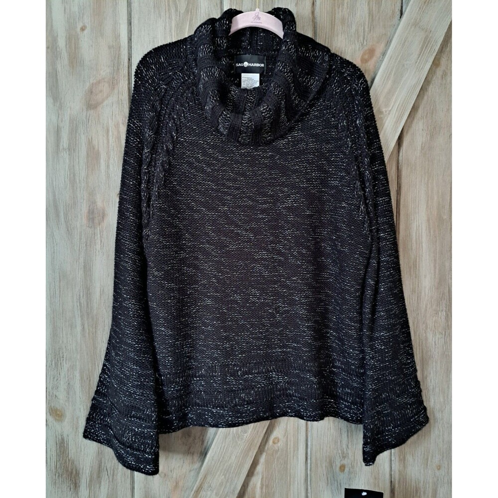 Sag Harbor Womens Sweater XL Black Metallic Sparkle Turtleneck Classy Cozy Cabin